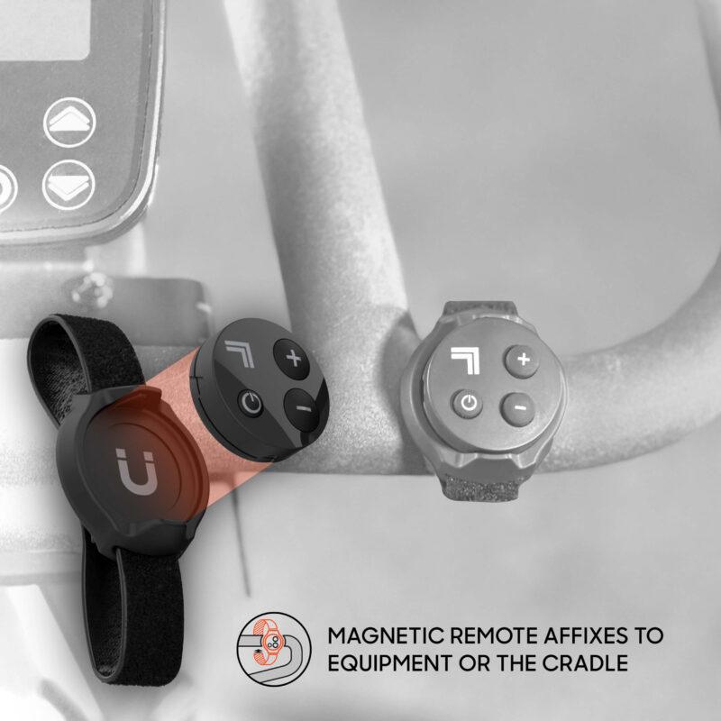 FLY 01 includes a magnetic remote that affixes to your exercise equipment or to the included cradle with strap