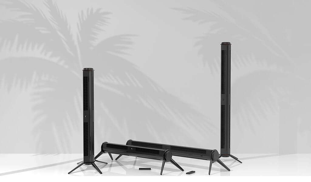 Axis 32 and Axis 42 Airbar Tower Fan in vertical and horizontal position