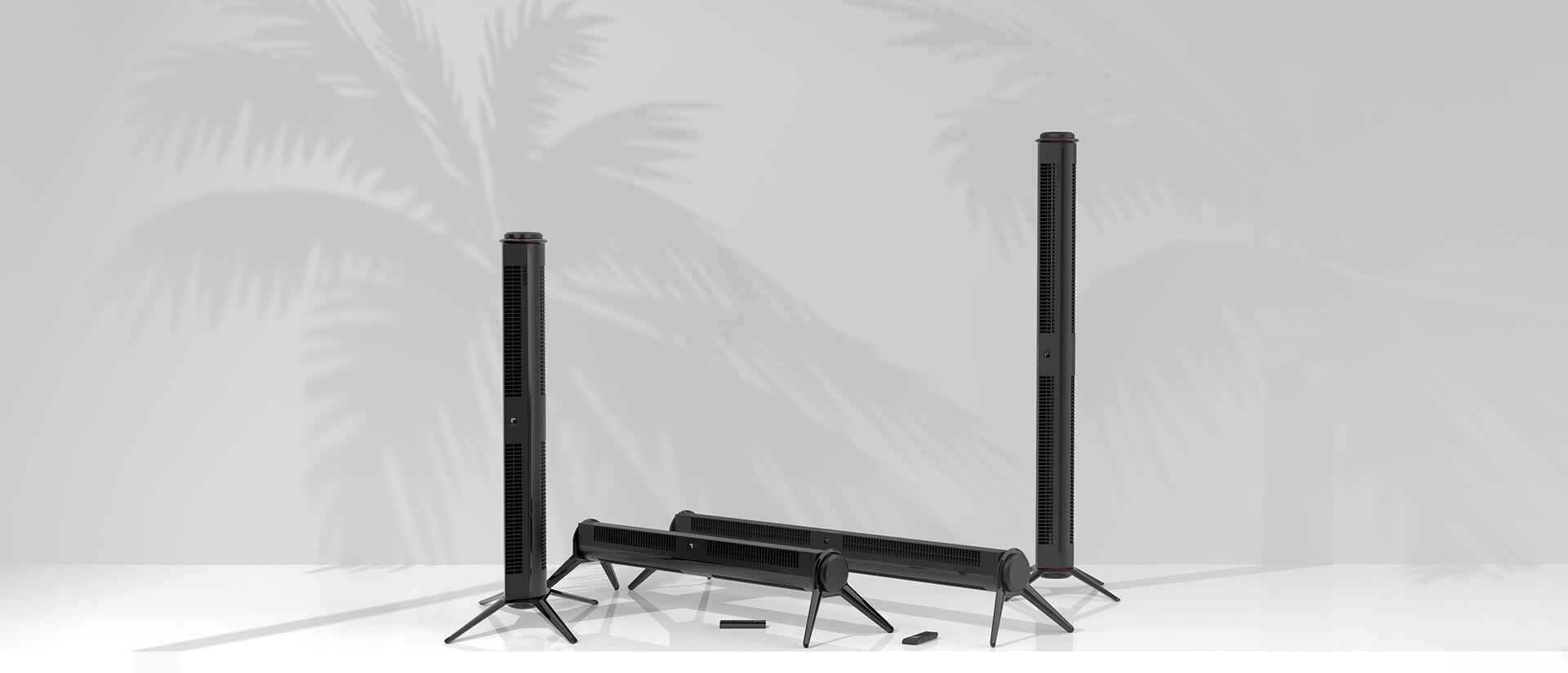 Axis 32 and Axis 42 Airbar Tower Fan in vertical and horizontal position