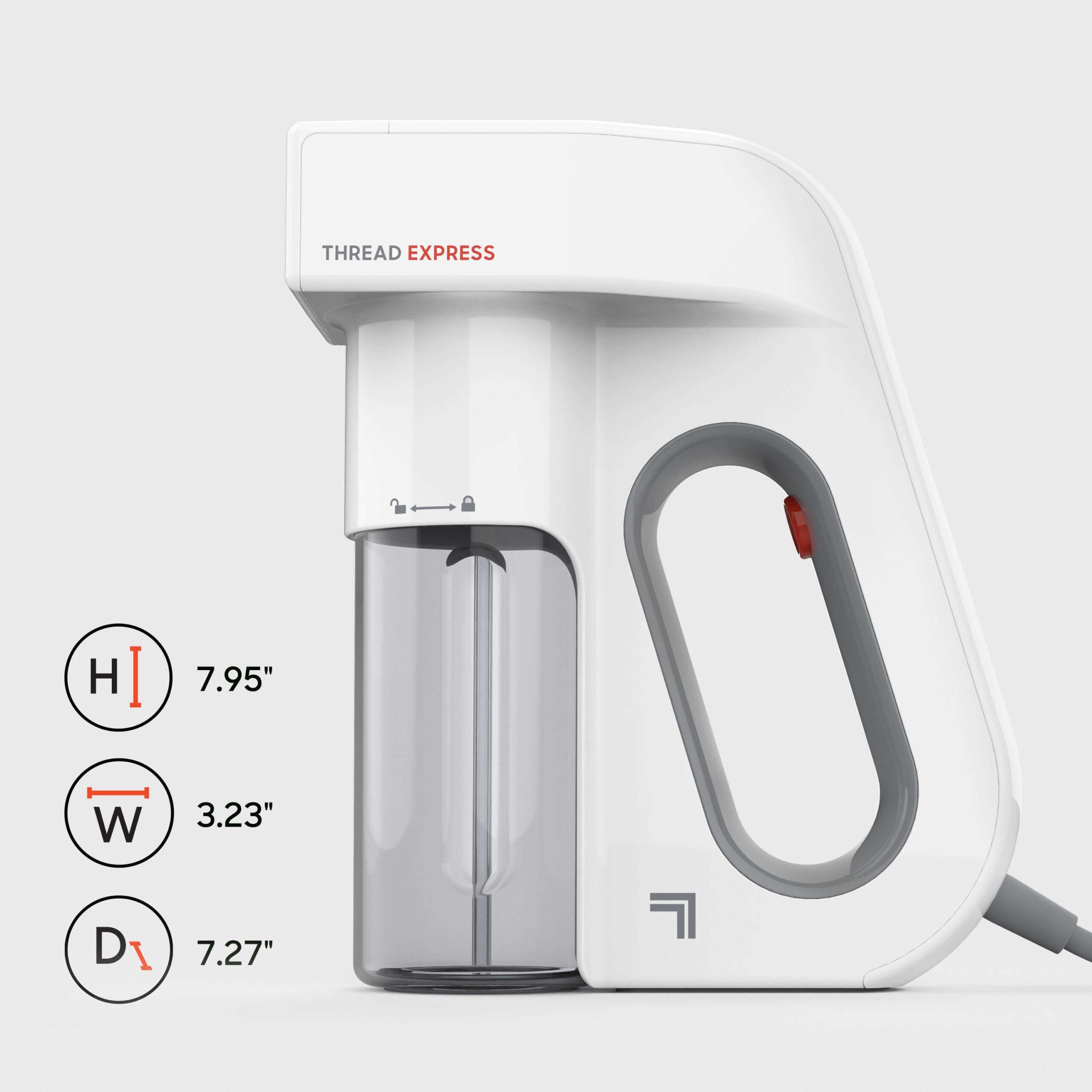 Thread Express is 7.95" high, 3.23 inches wide and 7.27 inches deep